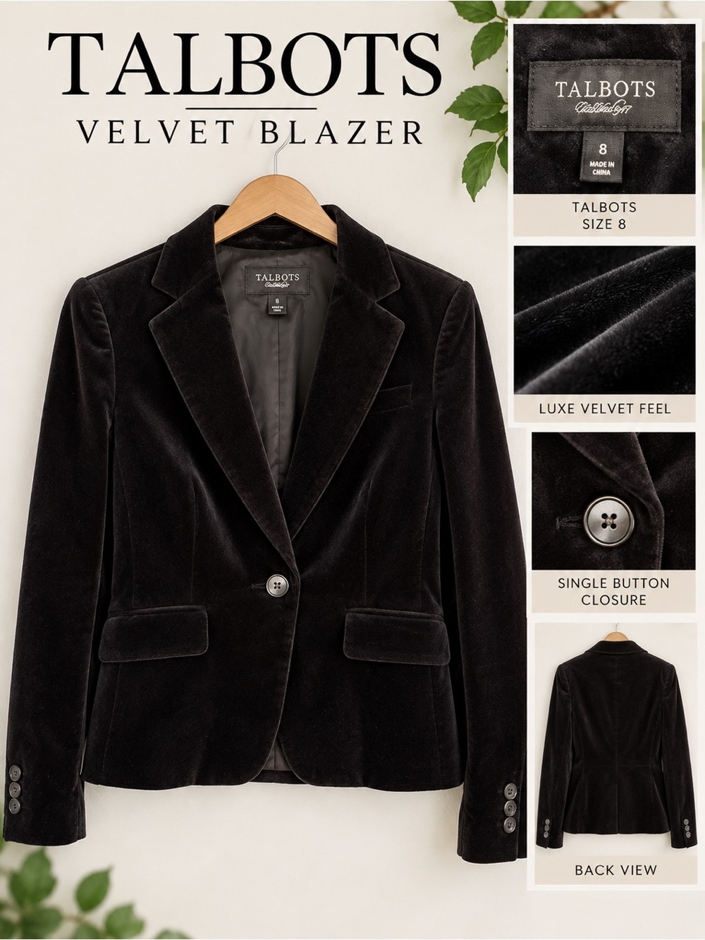 Talbots Black Velvet Blazer Size 8 Classic Tailored One Button Jacket
